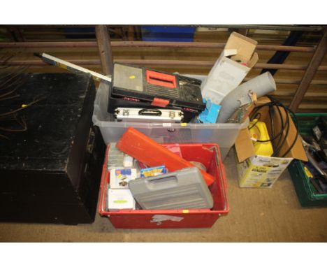 Two boxes containing a quantity of various items to include plastic toolbox and contents of screws and fixings, part toolbox 