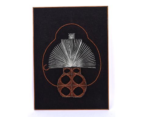 A vintage 20th century pin / nail art wall picture. Having nails to board with silver material string in a geometric pattern 