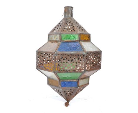 A large 20th Century vintage octagonal diamond shaped pierced metal Moroccan hanging lantern with yellow, green and blue colo