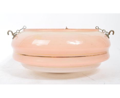A 20th Century vintage art deco 1920s / 1930s flycatcher domed pendant ceiling light with impressed petal decoration in blush