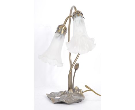 A later 20th century Art Nouveau style design table lamp. Modelled lily leaf base with two frosted glass flower shades. Pat t