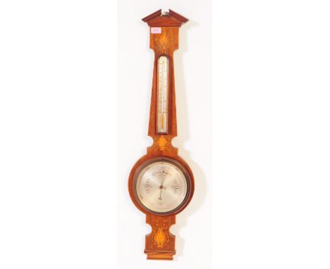 An early 20th century Edwardian inlaid mahogany wall banjo barometer. Having a circular face with accompanying hands, floral 