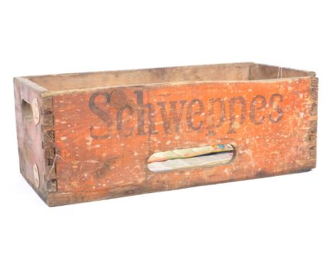 A 20th century vintage advertisement Schweppes soda wooden crate with 'Schweppes' written across the front. Measuring approx 
