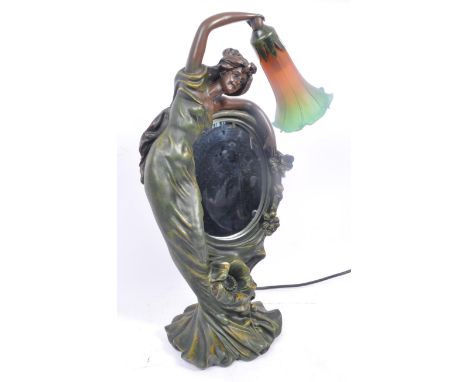 A 20th Century Art Nouveau resin maiden lamp light and mirror in the manner of Loetz. Depicting a woman draped around an oval