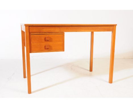 British Modern Design - A vintage 20th century teak veneer school / writing desk. Rectangular form with knee hole to right wi