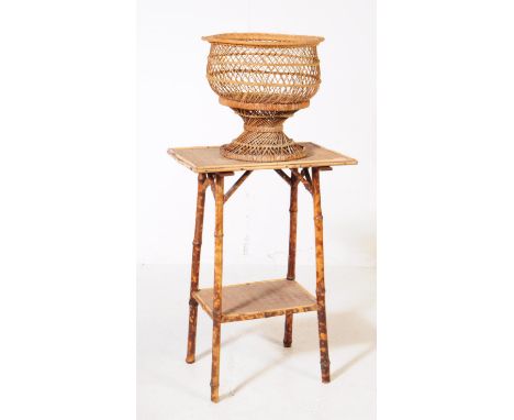 A Victorian aesthetic movement bamboo table with&nbsp;retro mid 20th century circa 1950s rattan and bamboo planter.&nbsp; Mea