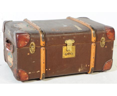 Featherweight - An early 20th Century vintage canvas and wood bound travel steamer chest / trunk with embossed plaque reading