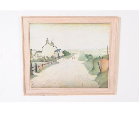 L S Lowry - A vintage 20th century print titled A country road. Framed and glazed. Measures approx. 64cm x 75cm