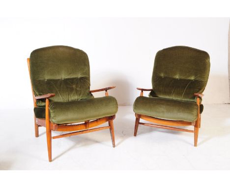 Danish Modern Design - Pair of vintage 20th century teak easy lounge armchairs. With over stuff green upholstered cushion sea