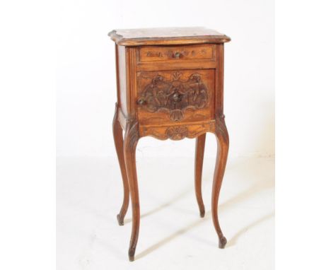 A French vintage early 20th century circa 1920s oak and marble occasional / bedside table. With red marble top with chamfered