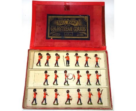 Britains set 37, Band of the Coldstream Guards FOURTH VERSION, undated, Drum Corps with gaiters in original gold on black lab