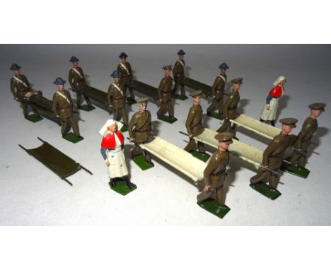 Britains set 1723, Royal Army Medical Corps FIRST VERSION, service dress, two Stretcher parties in steel helmets, two Nurses 