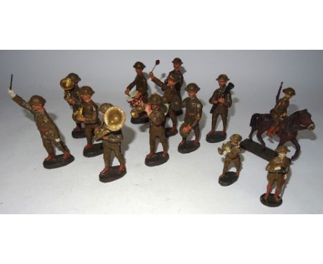 Elastolin 100mm scale British Infantry Band ten pieces in steel helmets, and three smaller scale figures (Condition Good-Fair