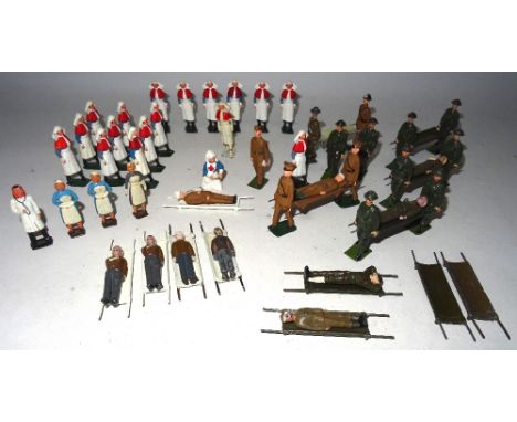 Britains Medical Personnel two Medical Orderlies from set 1897, RARE casualty with steel helmet (neatly repainted), nurses, s
