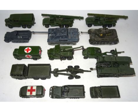 French Dinky Military Vehicles 80D, 80E, 80F, 821, 822, 883, British Army Dinky Toys 626, 665 (two), 688, 689, and Solido Han