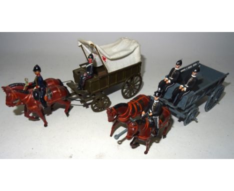 Britains repainted two sets 146, Army Service Corps two horse Supply Wagon (Condition Good-Fair, one seated man and one helme