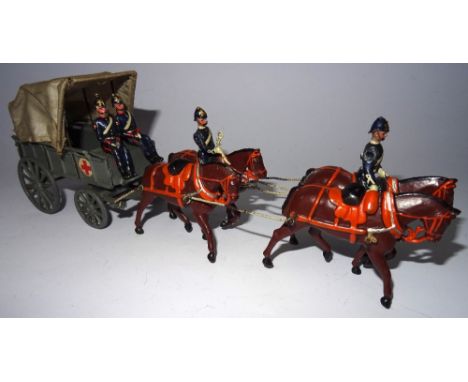 Britains set 145, Royal Army Medical Corps Ambulance Wagon FIRST VERSION, collar harness, two seated men, grey finish to wago