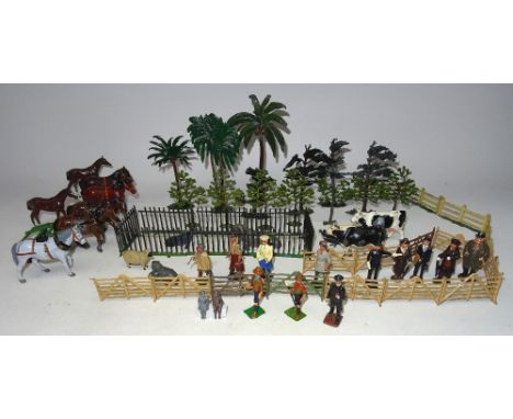 Britains and other Farm and Zoo People, Animals and Accessories trees, horse roller, Civilians, Curate, hurdles, railings, wa