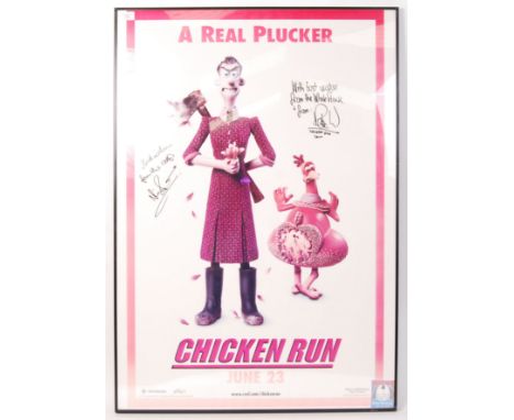 A framed pre screening promotional advertising film poster for Chicken Run, signed by Nick Park &amp; Peter Lord. Also to inc