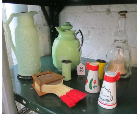 A retro green Bakelite Thermos flask, a vacuum flask, retro tennis racquet coasters, two pairs salt and peppers and a musical