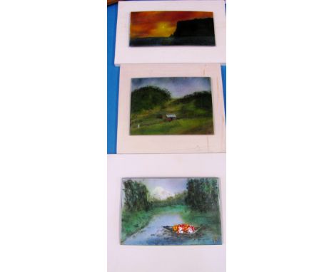 Three enamel on metal pictures and two foil pictures