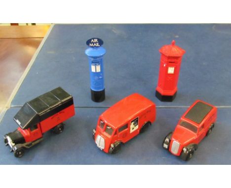 Three modern Corgi toys, pillar box and airmail box