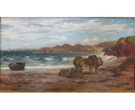 Attb Richard Ellis Wilkinson (1854-1891) - oil on board donkeys on seashore with lobster pots in gilt frame signed indistinct
