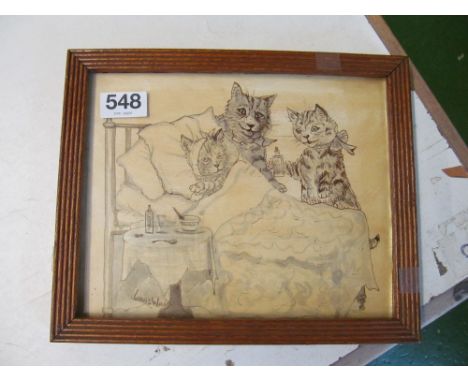 A watercolour cats giving medicine to a sick kitten lying in bed inscribed Louis Wain