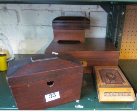A tea caddy (no interior), needlework box and other boxes