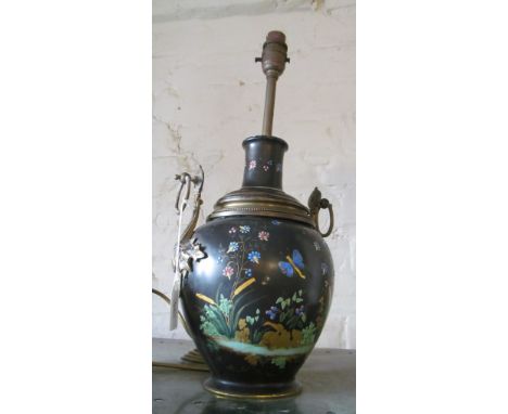 A black glazed vase decorated butterflies and flowers converted to a lamp (re-wired)