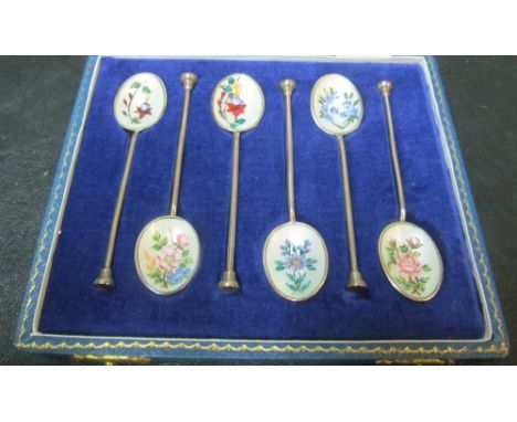 A set of six silver and enamel bean terminal coffee spoon each one a different flower maker possibly Baker Bros, London (i.c)