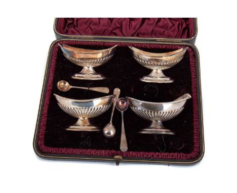 SET OF FOUR VICTORIAN SILVER TABLE SALTS HAMILTON & INCHES, EDINBURGH 1898 navette form with gadrooned detail on stepped oval