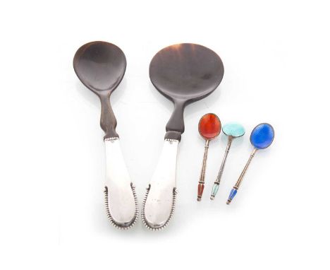 PAIR OF SILVER AND HORN SALAD SERVERS GEORG JENSEN, CIRCA 1915-30  each with engraved beaded terminal, along with three Danis