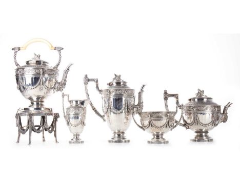 EXQUISITE GEORGE V SILVER FIVE-PIECE TEA AND COFFEE SERVICE MAPPIN & WEBB, LONDON 1919 comprising teapot, coffee pot, kettle 