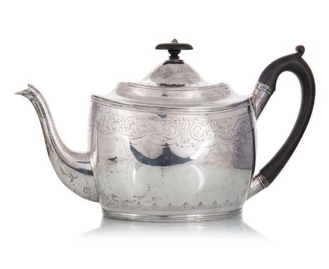 GEORGE III SILVER TEAPOT PETER & WILLIAM BATEMAN, LONDON 1807 of oval form with ebony scroll handle and finial, engraved with