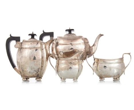 GEORGE V SILVER FOUR-PIECE TEA AND COFFEE SERVICE S. BLACKENSEE, CHESTER 1933 comprising teapot, coffee pot, sugar bowl and c