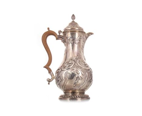 GEORGE III SILVER HOT WATER POT DAVID WHYTE & WILLIAM HOLMES, LONDON 1766 of baluster form with scroll handle, the hinged cov