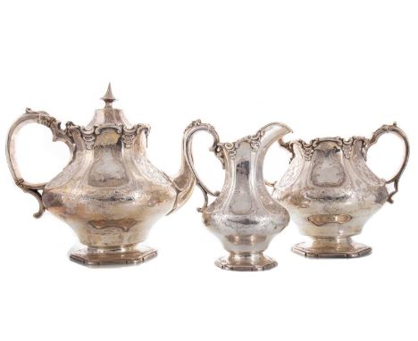 VICTORIAN SILVER THREE-PIECE TEA SERVICE ROBERTS & SLATER, SHEFFIELD 1854  comprising teapot, sugar bowl and cream jug, each 