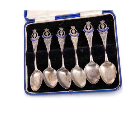 CASED SET OF ELIZABETH II SILVER TEASPOONS SOUVENIR MANUFACTURING CO., BIRMINGHAM 1926 each with pierced crest for H.M.S. REN