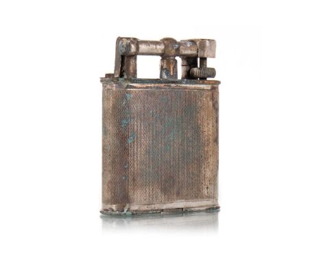 DUNHILL, LARGE SILVER PLATED LIGHTER CIRCA MID-20TH CENTURY with engine turned body, stamped marks to base11cm high