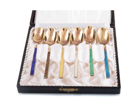 SET OF SIX DANISH SILVER GILT AND HARLEQUIN ENAMEL COFFEE SPOONS MEKA REKLAMEGAVER OF HOLTE, EARLY-MID 20TH CENTURY with gilt