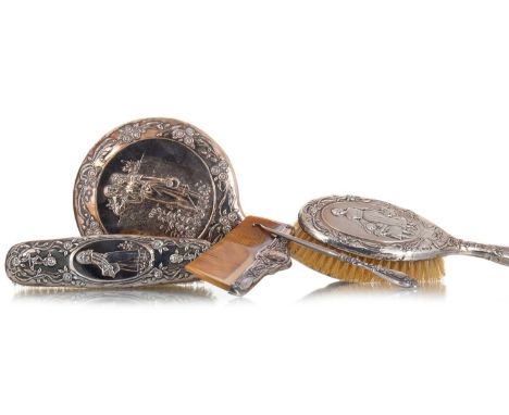 EDWARDIAN SILVER DRESSING TABLE SET J. ATKIN & SON, BIRMINGHAM  1906/7 comprising a handmirror, hairbrush, clothes brush, com