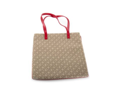 CAROLINA HERRERA, TOTE BAG  in beige with embroidered logo, red leather handles, the interior with single zip pocket, in dust
