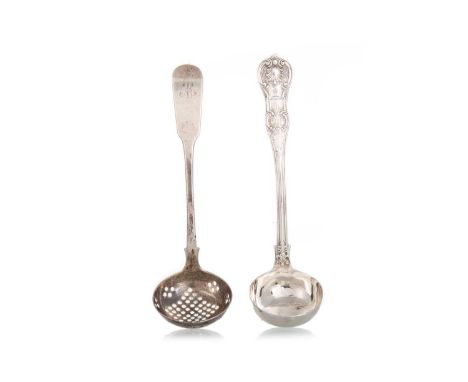 VICTORIAN SHELL & THREAD PATTERN TODDY LADLE AND A VICTORIAN SIFTING SPOON the ladle single struck with engraved armorial for