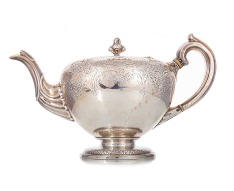 VICTORIAN SILVER TEAPOT  ROBERT GREIG, EDINBURGH 1852  the hinged cover with cast finial, chased and embossed with scrolls, f