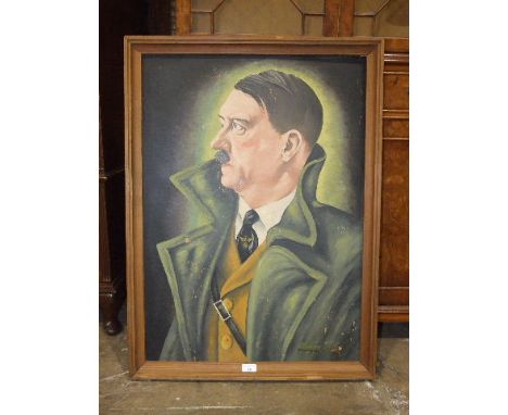 E Geyer, 'Adolf Hitler', half-length portrait wearing a green overcoat, oil on plyboard, signed and dated 1942, 83 x 60cm. 
