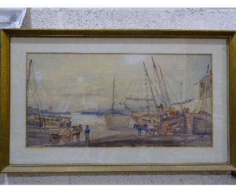 R Hoskin, 'Beached fishing vessels with figures, horse and carts waiting for the catch', signed watercolour, 26.5 x 52.5cm, D