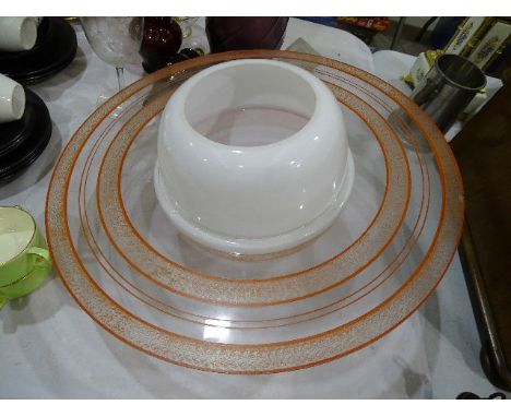 A 1960's/70's opaque glass 'Saturn' hanging light fitting, (chip to rim), 40cm diameter, various tea part-sets, (damages) and