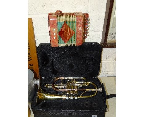 A Roy Bensons brass cornet CR-202 in case and a Hero accordion, (both a/f), (2). 