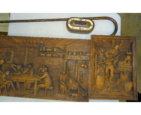 A Continental leather jewellery casket, 17cm, two carved wood plaques depicting tavern and brewery interiors, signed 'HB' and